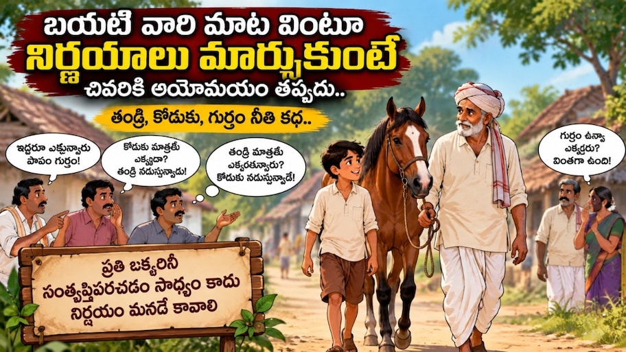 బయటి వారి మాట వింటూ నిర్ణయాలు మార్చుకుంటే చివరికి అయోమయం తప్పదని తేల్చిన తండ్రి, కొడుకు నీతి కథ..